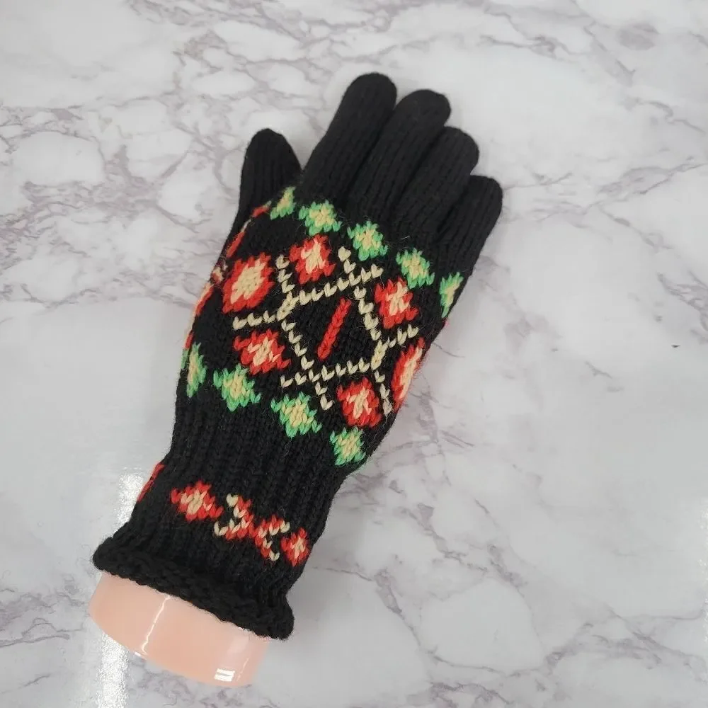 Vintage Handknit Gloves Black with Green Red Cream Nordic Fair Isle Designs